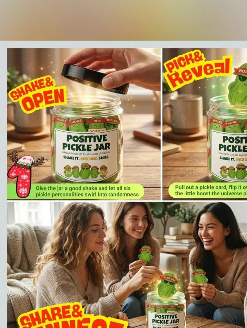 Positive Pickle Cards Jar, 60 Daily Positive Affirmation Cards